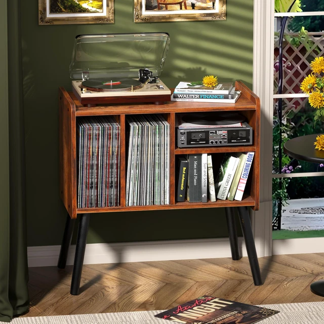 Alt view image 4 of 7 - Record Player Table, Mid-Century Record Player Stand Hold Up to 150+ Albums | with Vinyl Storage Vinyl Record Cabinet with Adjustable Shelves, Wood Turntable Stand for Music Living Room (Brown)