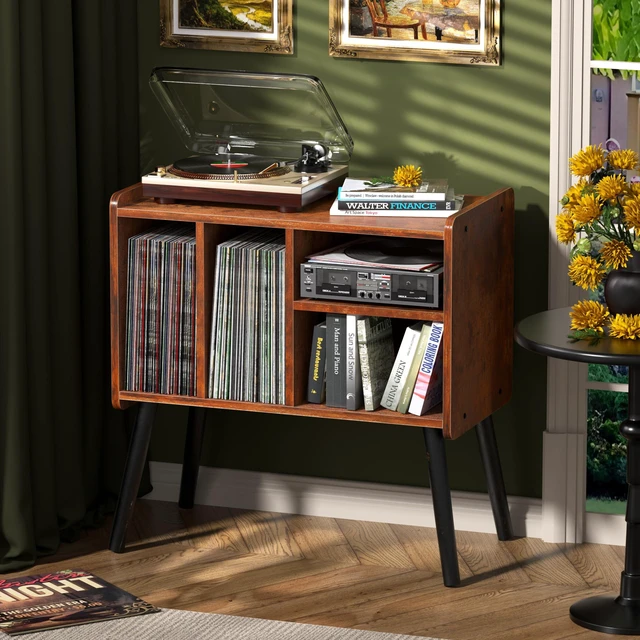 Alt view image 6 of 7 - Record Player Table, Mid-Century Record Player Stand Hold Up to 150+ Albums | with Vinyl Storage Vinyl Record Cabinet with Adjustable Shelves, Wood Turntable Stand for Music Living Room (Brown)