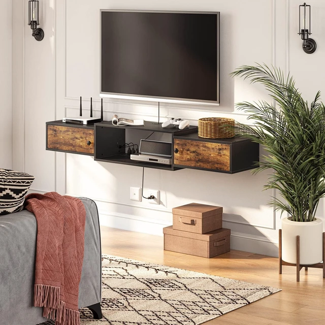 Alt view image 2 of 7 - 55" Floating TV Stand with Power Outlet, Modern Wall Mounted Media Console Shelf Cabinet for Under TV Storage, Entertainment Center, Living Room, Bedroom, Rustic Brown and Black BF11DS01