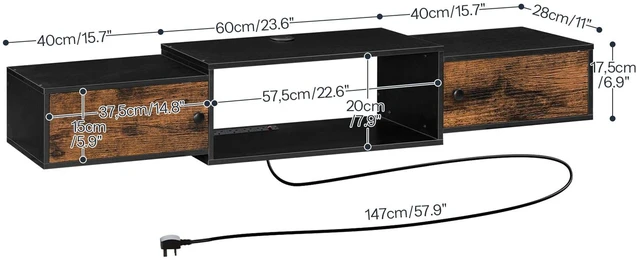 Alt view image 3 of 7 - 55" Floating TV Stand with Power Outlet, Modern Wall Mounted Media Console Shelf Cabinet for Under TV Storage, Entertainment Center, Living Room, Bedroom, Rustic Brown and Black BF11DS01