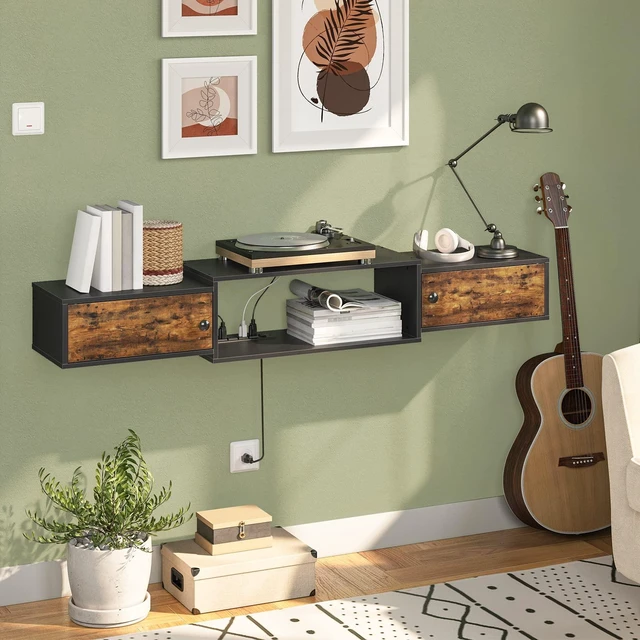 Alt view image 4 of 7 - 55" Floating TV Stand with Power Outlet, Modern Wall Mounted Media Console Shelf Cabinet for Under TV Storage, Entertainment Center, Living Room, Bedroom, Rustic Brown and Black BF11DS01