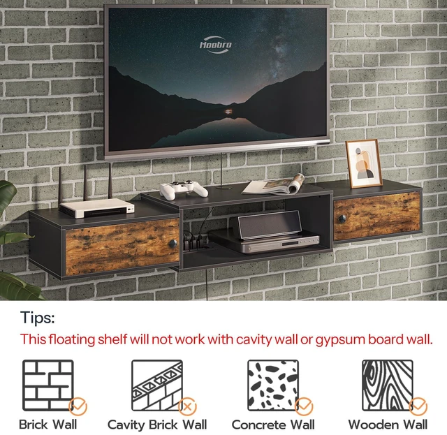 Alt view image 5 of 7 - 55" Floating TV Stand with Power Outlet, Modern Wall Mounted Media Console Shelf Cabinet for Under TV Storage, Entertainment Center, Living Room, Bedroom, Rustic Brown and Black BF11DS01