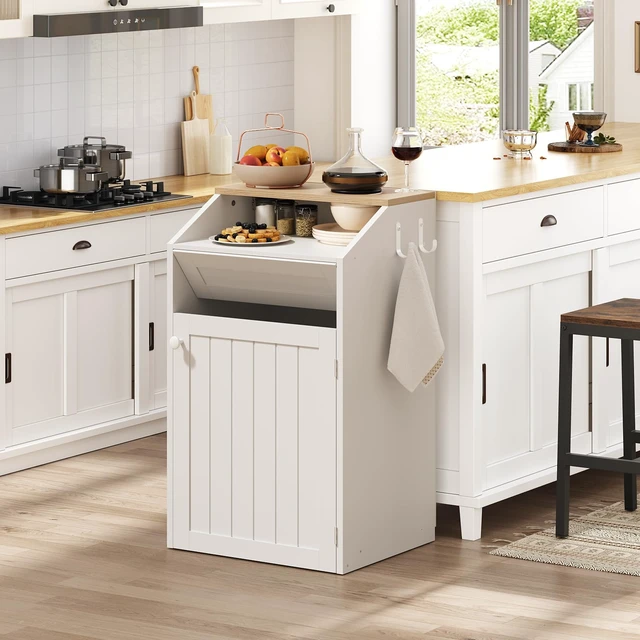 Alt view image 2 of 7 - Trash Cabinet, Freestanding Trash Can Cabinet, Wooden Recycling with Flip Door, 13 Gallon Hidden Kitchen Garbage Can for Kitchen, Living Room, White WB13WT