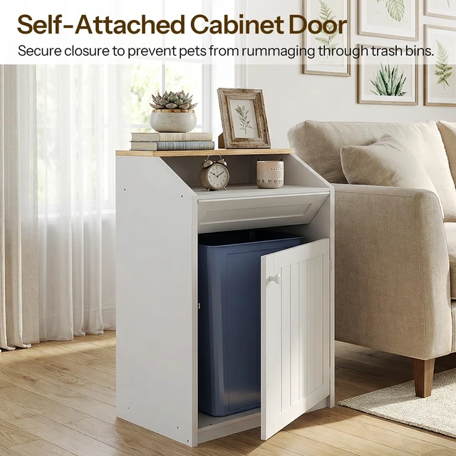 Alt view image 3 of 7 - Trash Cabinet, Freestanding Trash Can Cabinet, Wooden Recycling with Flip Door, 13 Gallon Hidden Kitchen Garbage Can for Kitchen, Living Room, White WB13WT
