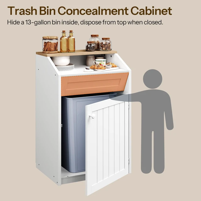 Alt view image 4 of 7 - Trash Cabinet, Freestanding Trash Can Cabinet, Wooden Recycling with Flip Door, 13 Gallon Hidden Kitchen Garbage Can for Kitchen, Living Room, White WB13WT