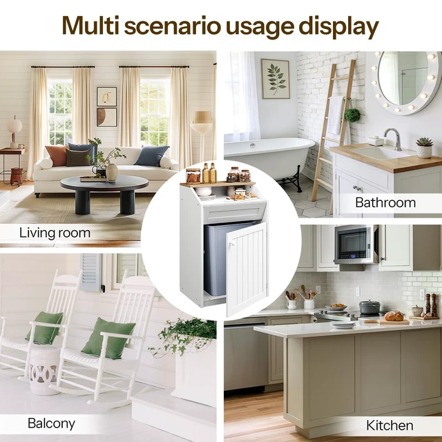 Alt view image 7 of 7 - Trash Cabinet, Freestanding Trash Can Cabinet, Wooden Recycling with Flip Door, 13 Gallon Hidden Kitchen Garbage Can for Kitchen, Living Room, White WB13WT