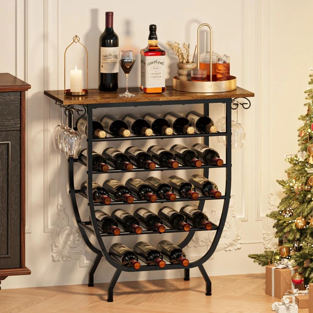 Main image of Wine Rack Freestanding Floor, 5-Tier Wine Holder Stand with Glass Holder Wood Tabletop Metal Wine Storage Shelf Bar Table Liquor Cabinet for Home Bar Kitchen Living Room