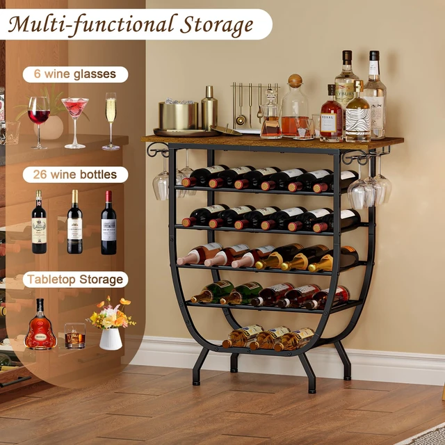 Alt view image 2 of 7 - Wine Rack Freestanding Floor, 5-Tier Wine Holder Stand with Glass Holder Wood Tabletop Metal Wine Storage Shelf Bar Table Liquor Cabinet for Home Bar Kitchen Living Room