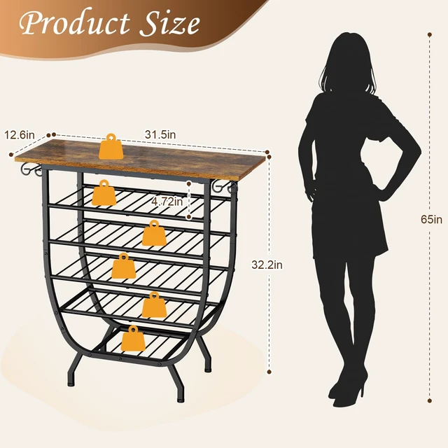 Alt view image 3 of 7 - Wine Rack Freestanding Floor, 5-Tier Wine Holder Stand with Glass Holder Wood Tabletop Metal Wine Storage Shelf Bar Table Liquor Cabinet for Home Bar Kitchen Living Room