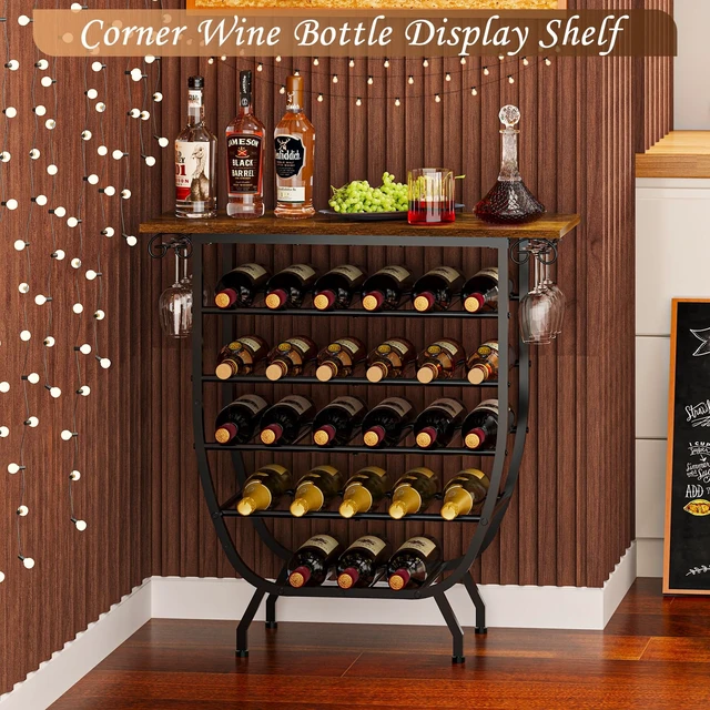 Alt view image 4 of 7 - Wine Rack Freestanding Floor, 5-Tier Wine Holder Stand with Glass Holder Wood Tabletop Metal Wine Storage Shelf Bar Table Liquor Cabinet for Home Bar Kitchen Living Room
