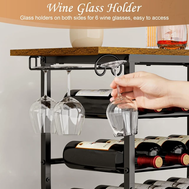 Alt view image 6 of 7 - Wine Rack Freestanding Floor, 5-Tier Wine Holder Stand with Glass Holder Wood Tabletop Metal Wine Storage Shelf Bar Table Liquor Cabinet for Home Bar Kitchen Living Room