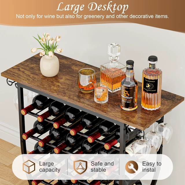 Alt view image 5 of 7 - Wine Rack Freestanding Floor, 5-Tier Wine Holder Stand with Glass Holder Wood Tabletop Metal Wine Storage Shelf Bar Table Liquor Cabinet for Home Bar Kitchen Living Room