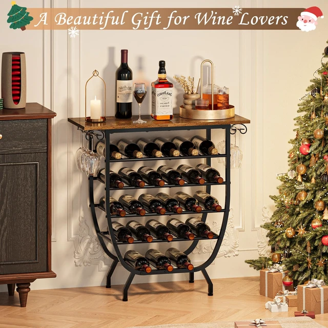 Alt view image 7 of 7 - Wine Rack Freestanding Floor, 5-Tier Wine Holder Stand with Glass Holder Wood Tabletop Metal Wine Storage Shelf Bar Table Liquor Cabinet for Home Bar Kitchen Living Room