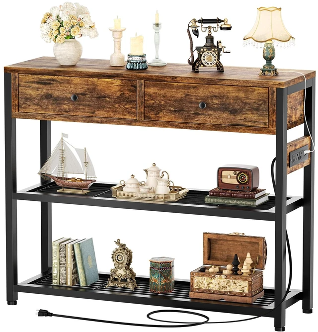 Main image of 32" Small Entryway Table with Outlets, Console Table with Drawers | Couch Table behind Sofa, Entry Way Table with Shelves Storage, for Living Room, Hallway, Bedroom, Rustic Brown