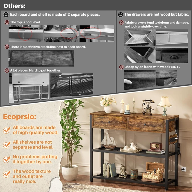 Alt view image 4 of 7 - 32" Small Entryway Table with Outlets, Console Table with Drawers | Couch Table behind Sofa, Entry Way Table with Shelves Storage, for Living Room, Hallway, Bedroom, Rustic Brown