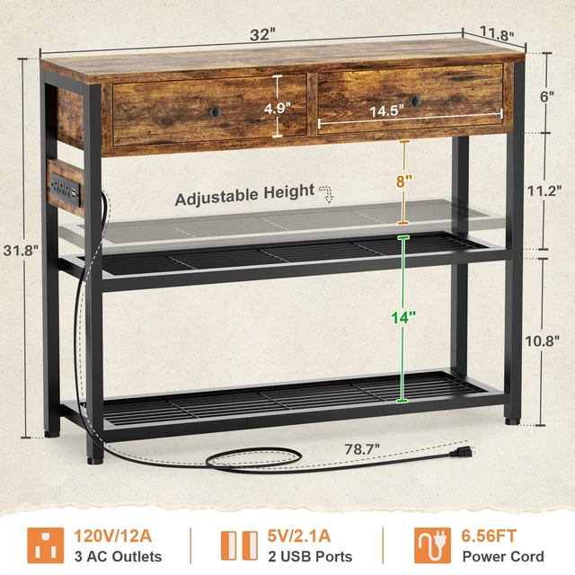 Alt view image 3 of 7 - 32" Small Entryway Table with Outlets, Console Table with Drawers | Couch Table behind Sofa, Entry Way Table with Shelves Storage, for Living Room, Hallway, Bedroom, Rustic Brown