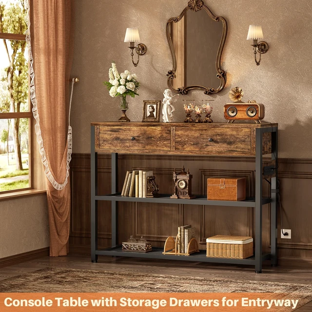Alt view image 6 of 7 - 32" Small Entryway Table with Outlets, Console Table with Drawers | Couch Table behind Sofa, Entry Way Table with Shelves Storage, for Living Room, Hallway, Bedroom, Rustic Brown