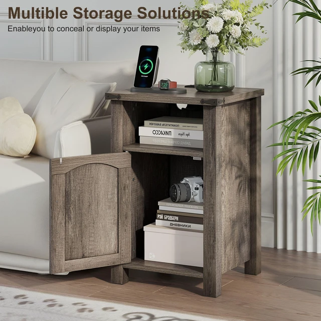 Alt view image 2 of 7 - Farmhouse Nightstand with Charging Station, Set of 2,Misty Gray | End Table with USB/Type-C Ports, Rustic Bedside Table with Large Storage and Open Shelf, Modern Side Table for Bedroom