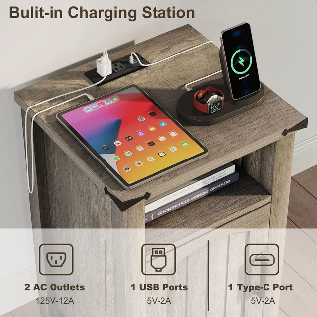 Alt view image 3 of 7 - Farmhouse Nightstand with Charging Station, Set of 2,Misty Gray | End Table with USB/Type-C Ports, Rustic Bedside Table with Large Storage and Open Shelf, Modern Side Table for Bedroom