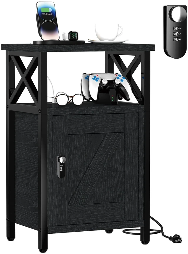 Main image of Wooden Nightstand with Lock Cabinet and Charging Station, Black | 1 Type C & 2 USB Ports & 2 Outlets, Lockable Storage Drawer, Wood and Metal Night Stand, Small Bedroom Bedside End Table
