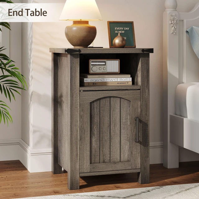 Alt view image 4 of 7 - Farmhouse Nightstand with Charging Station, Set of 2,Misty Gray | End Table with USB/Type-C Ports, Rustic Bedside Table with Large Storage and Open Shelf, Modern Side Table for Bedroom