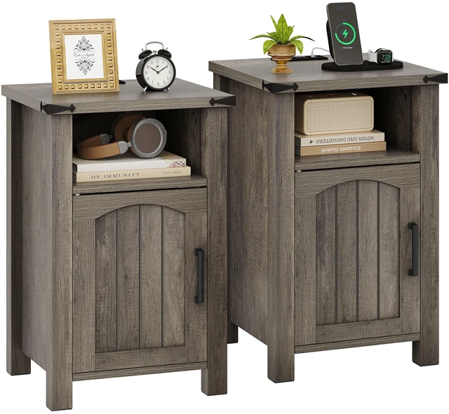 Main image of Farmhouse Nightstand with Charging Station, Set of 2,Misty Gray | End Table with USB/Type-C Ports, Rustic Bedside Table with Large Storage and Open Shelf, Modern Side Table for Bedroom