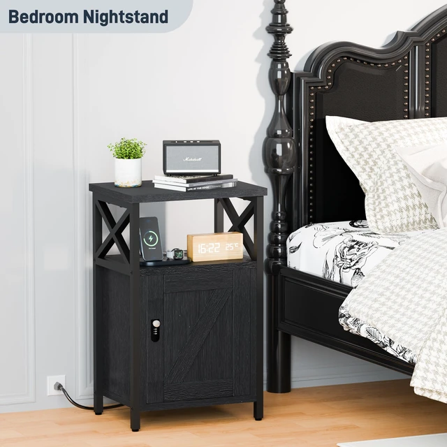 Alt view image 2 of 7 - Wooden Nightstand with Lock Cabinet and Charging Station, Black | 1 Type C & 2 USB Ports & 2 Outlets, Lockable Storage Drawer, Wood and Metal Night Stand, Small Bedroom Bedside End Table