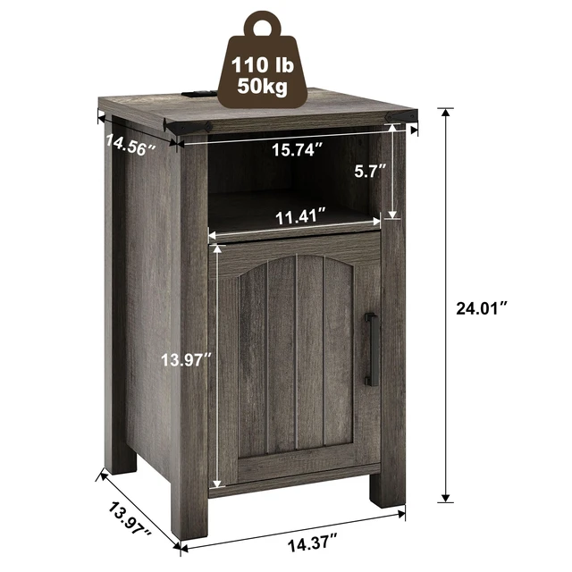 Alt view image 7 of 7 - Farmhouse Nightstand with Charging Station, Set of 2,Misty Gray | End Table with USB/Type-C Ports, Rustic Bedside Table with Large Storage and Open Shelf, Modern Side Table for Bedroom
