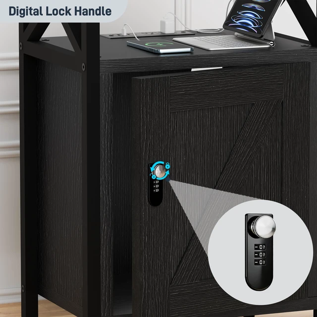 Alt view image 5 of 7 - Wooden Nightstand with Lock Cabinet and Charging Station, Black | 1 Type C & 2 USB Ports & 2 Outlets, Lockable Storage Drawer, Wood and Metal Night Stand, Small Bedroom Bedside End Table