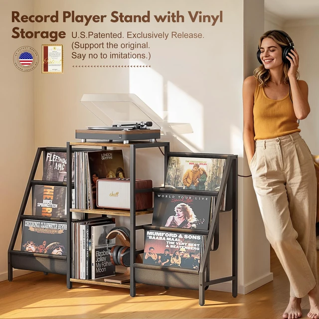 Alt view image 2 of 7 - Record Player Stand with Vinyl Storage, Record Player Table with Vinyl Record Storage Up to 280 Albums, Turnta ble Stand with Record Holder Display Shelf, Record Cabinet for Media Stereo Audio