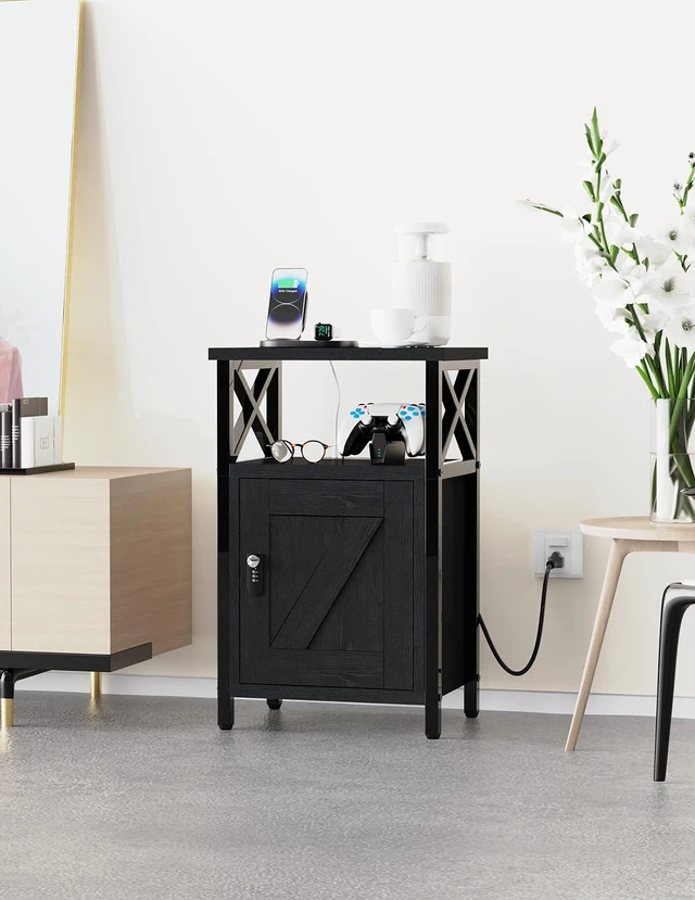 Alt view image 7 of 7 - Wooden Nightstand with Lock Cabinet and Charging Station, Black | 1 Type C & 2 USB Ports & 2 Outlets, Lockable Storage Drawer, Wood and Metal Night Stand, Small Bedroom Bedside End Table