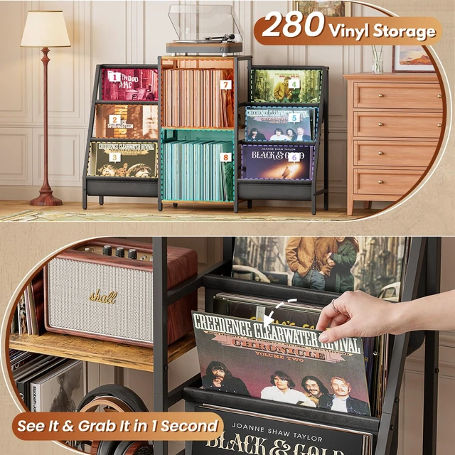 Alt view image 3 of 7 - Record Player Stand with Vinyl Storage, Record Player Table with Vinyl Record Storage Up to 280 Albums, Turnta ble Stand with Record Holder Display Shelf, Record Cabinet for Media Stereo Audio