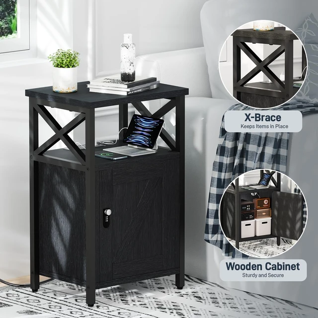 Alt view image 6 of 7 - Wooden Nightstand with Lock Cabinet and Charging Station, Black | 1 Type C & 2 USB Ports & 2 Outlets, Lockable Storage Drawer, Wood and Metal Night Stand, Small Bedroom Bedside End Table