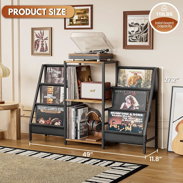 Alt view image 6 of 7 - Record Player Stand with Vinyl Storage, Record Player Table with Vinyl Record Storage Up to 280 Albums, Turnta ble Stand with Record Holder Display Shelf, Record Cabinet for Media Stereo Audio