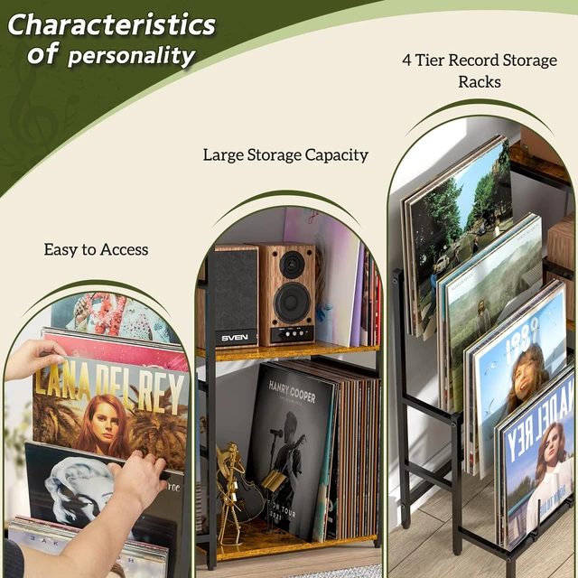 Alt view image 6 of 7 - Record Player Stand, Turntable Stand with 4-Tier Vinyl Record Storage, Record Player Table Storage up to 200+ Albums, Record Player Cabinet with Vinyl Display Holder Shelf, vinyl Table for Living Room