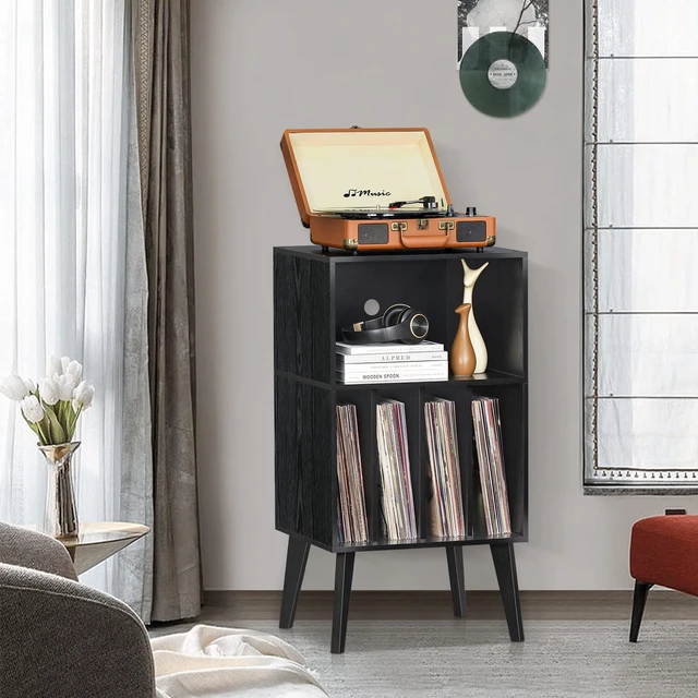 Alt view image 2 of 7 - Record Player Stand, Black Turntable Stand Holds up to 160 Albums | Mid-Century Vinyl Storage Cabinet Table,Solid Wood Legs, Record Player Holder Dispaly Shelf for Bedroom Living Room