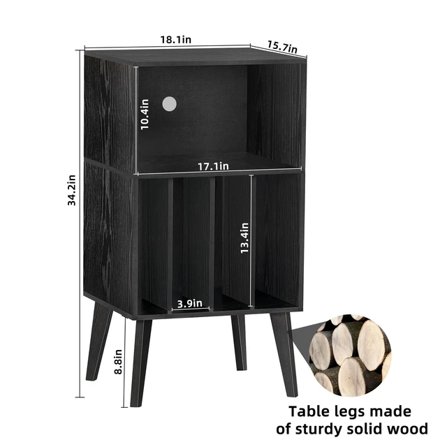 Alt view image 7 of 7 - Record Player Stand, Black Turntable Stand Holds up to 160 Albums | Mid-Century Vinyl Storage Cabinet Table,Solid Wood Legs, Record Player Holder Dispaly Shelf for Bedroom Living Room