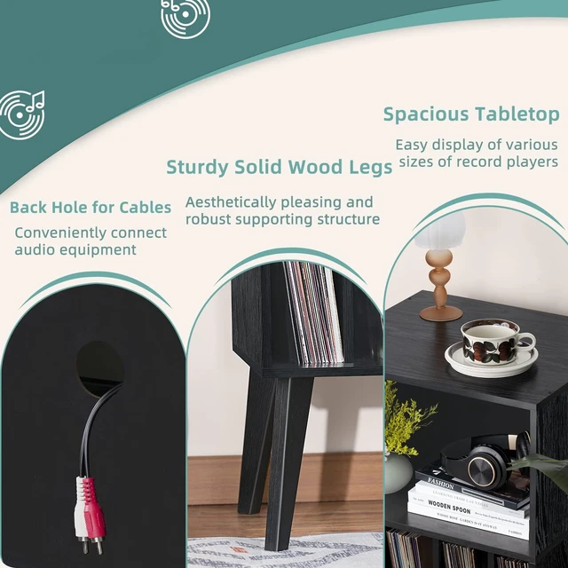 Alt view image 6 of 7 - Record Player Stand, Black Turntable Stand Holds up to 160 Albums | Mid-Century Vinyl Storage Cabinet Table,Solid Wood Legs, Record Player Holder Dispaly Shelf for Bedroom Living Room