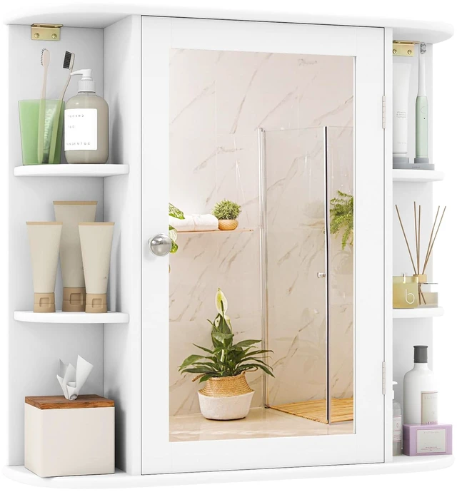 Main image of Bathroom Medicine Cabinet with Mirror, Modern Wall Mounted Space-Saving Storage Organizer with Mirrored Door, 4 Internal Shelves & 6 Open Side Shelves, Bathroom Wall Cabinet (White)