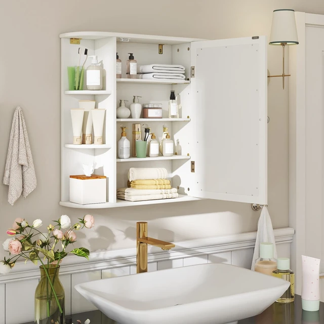 Alt view image 2 of 7 - Bathroom Medicine Cabinet with Mirror, Modern Wall Mounted Space-Saving Storage Organizer with Mirrored Door, 4 Internal Shelves & 6 Open Side Shelves, Bathroom Wall Cabinet (White)