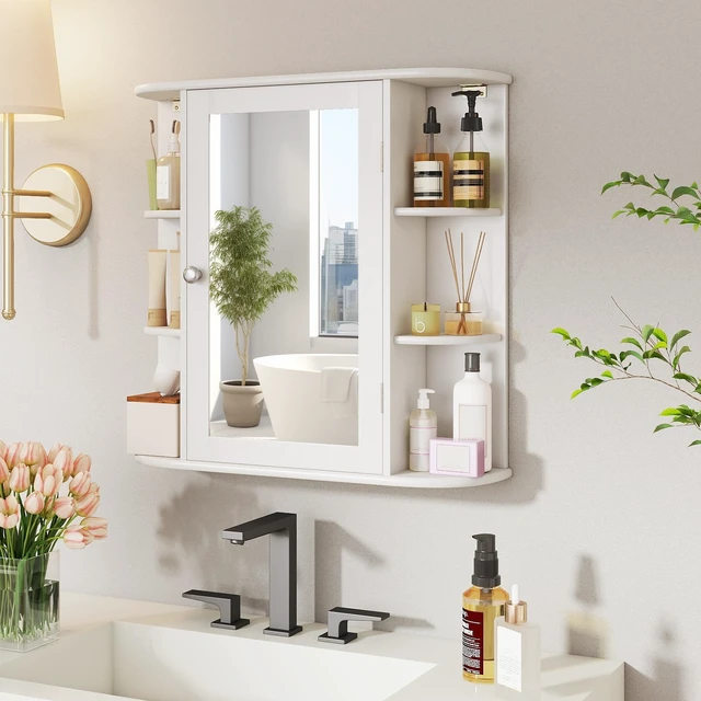 Alt view image 3 of 7 - Bathroom Medicine Cabinet with Mirror, Modern Wall Mounted Space-Saving Storage Organizer with Mirrored Door, 4 Internal Shelves & 6 Open Side Shelves, Bathroom Wall Cabinet (White)