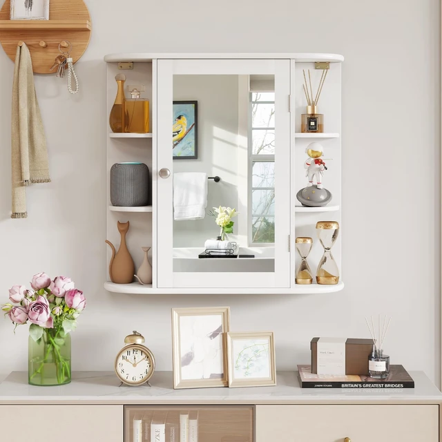 Alt view image 4 of 7 - Bathroom Medicine Cabinet with Mirror, Modern Wall Mounted Space-Saving Storage Organizer with Mirrored Door, 4 Internal Shelves & 6 Open Side Shelves, Bathroom Wall Cabinet (White)
