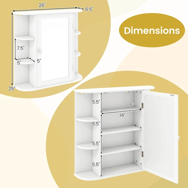Alt view image 5 of 7 - Bathroom Medicine Cabinet with Mirror, Modern Wall Mounted Space-Saving Storage Organizer with Mirrored Door, 4 Internal Shelves & 6 Open Side Shelves, Bathroom Wall Cabinet (White)
