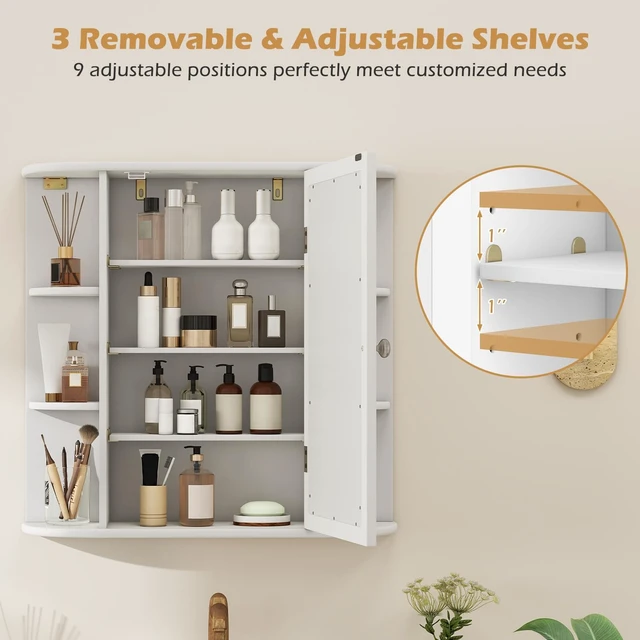 Alt view image 6 of 7 - Bathroom Medicine Cabinet with Mirror, Modern Wall Mounted Space-Saving Storage Organizer with Mirrored Door, 4 Internal Shelves & 6 Open Side Shelves, Bathroom Wall Cabinet (White)