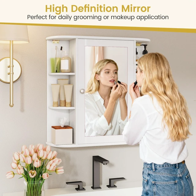 Alt view image 7 of 7 - Bathroom Medicine Cabinet with Mirror, Modern Wall Mounted Space-Saving Storage Organizer with Mirrored Door, 4 Internal Shelves & 6 Open Side Shelves, Bathroom Wall Cabinet (White)