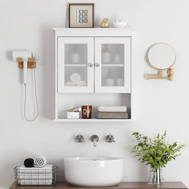 Alt view image 2 of 7 - Bathroom Wall Cabinet with Glass Doors, White Medicine Cabinet | FSC-Certified MDF, Adjustable Shelf, Open Bottom Shelf, Wall Mount Storage for Bath, Kitchen, Laundry Room or Entryway
