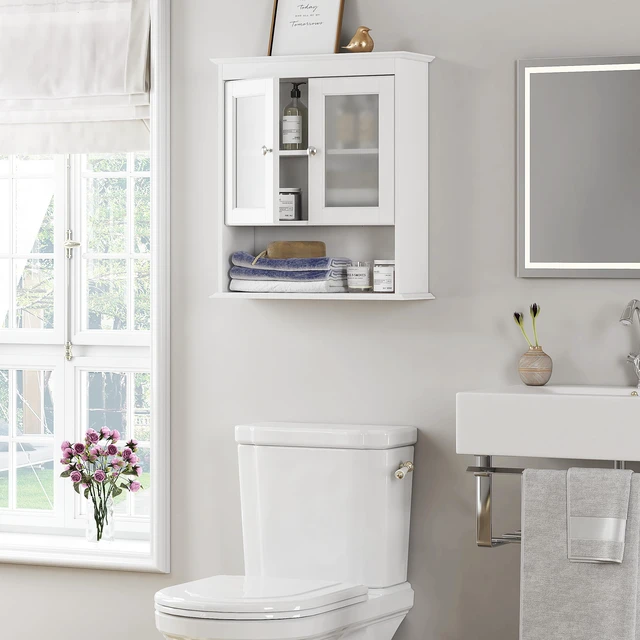 Alt view image 3 of 7 - Bathroom Wall Cabinet with Glass Doors, White Medicine Cabinet | FSC-Certified MDF, Adjustable Shelf, Open Bottom Shelf, Wall Mount Storage for Bath, Kitchen, Laundry Room or Entryway