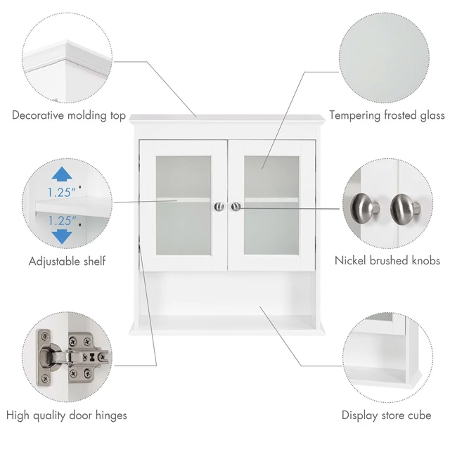 Alt view image 5 of 7 - Bathroom Wall Cabinet with Glass Doors, White Medicine Cabinet | FSC-Certified MDF, Adjustable Shelf, Open Bottom Shelf, Wall Mount Storage for Bath, Kitchen, Laundry Room or Entryway