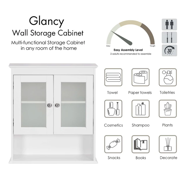 Alt view image 6 of 7 - Bathroom Wall Cabinet with Glass Doors, White Medicine Cabinet | FSC-Certified MDF, Adjustable Shelf, Open Bottom Shelf, Wall Mount Storage for Bath, Kitchen, Laundry Room or Entryway