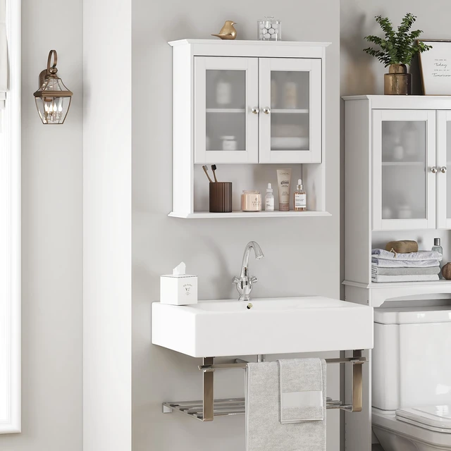 Alt view image 7 of 7 - Bathroom Wall Cabinet with Glass Doors, White Medicine Cabinet | FSC-Certified MDF, Adjustable Shelf, Open Bottom Shelf, Wall Mount Storage for Bath, Kitchen, Laundry Room or Entryway